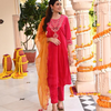 Pink Embroidered Velvet Designer Straight Kurta Pant Set With Dupatta