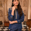 Denim Dark Blue Embroidered Mandarin Collar Top
