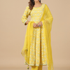 Rayon YellowEmbellished Printed Anarkali Suit Set with Dupatta
