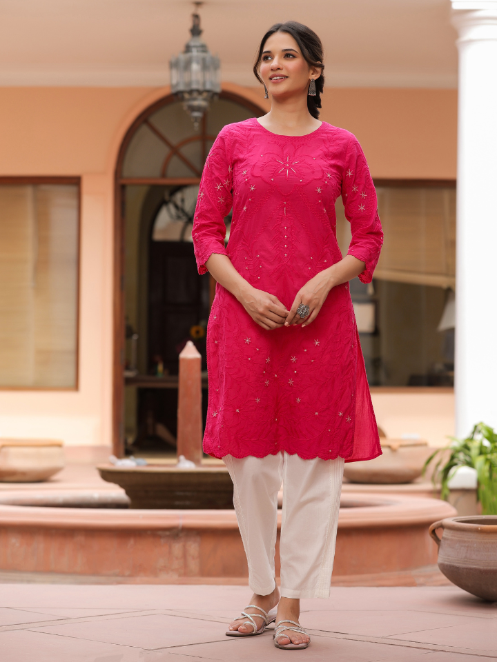 Pink Pure Cotton Embroidered Print Embroidery Work Straight Designer Kurta