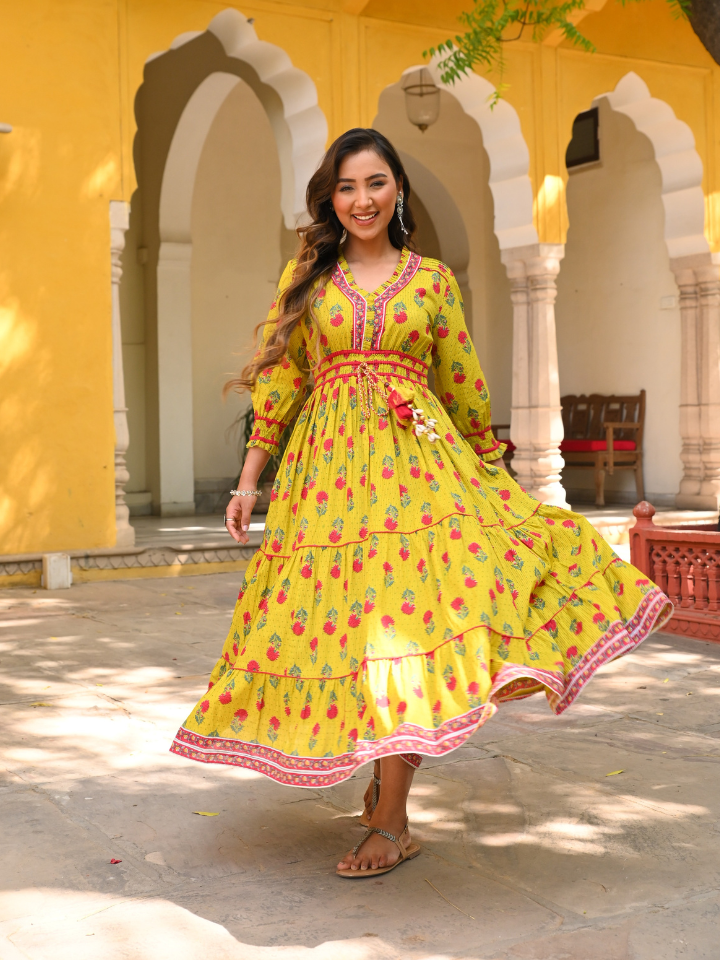 Yellow Cotton Printed Designer Detailed Tiered Maxi Dress