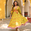 Yellow Cotton Printed Designer Detailed Tiered Maxi Dress