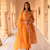 Yellow Embroidered Gathered Kurta Pant Set With Dupatta