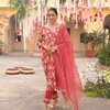 Red Embroidered Gathered Kurta Pant Set With Dupatta