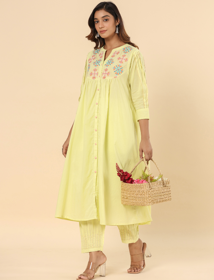 Lemon Yellow Cotton Embroidered A Line Kurta Pants Set