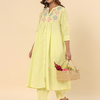 Lemon Yellow Cotton Embroidered A-Line Kurta Pants Set
