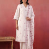 White And Purple Cotton Embroidered Kurta Pant With Dupatta Set