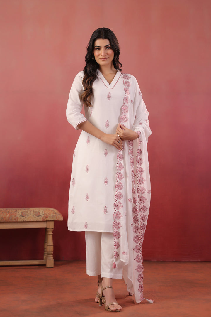 White And Purple Cotton Embroidered Kurta Pant With Dupatta Set