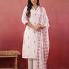 White And Purple Cotton Embroidered Kurta Pant With Dupatta Set