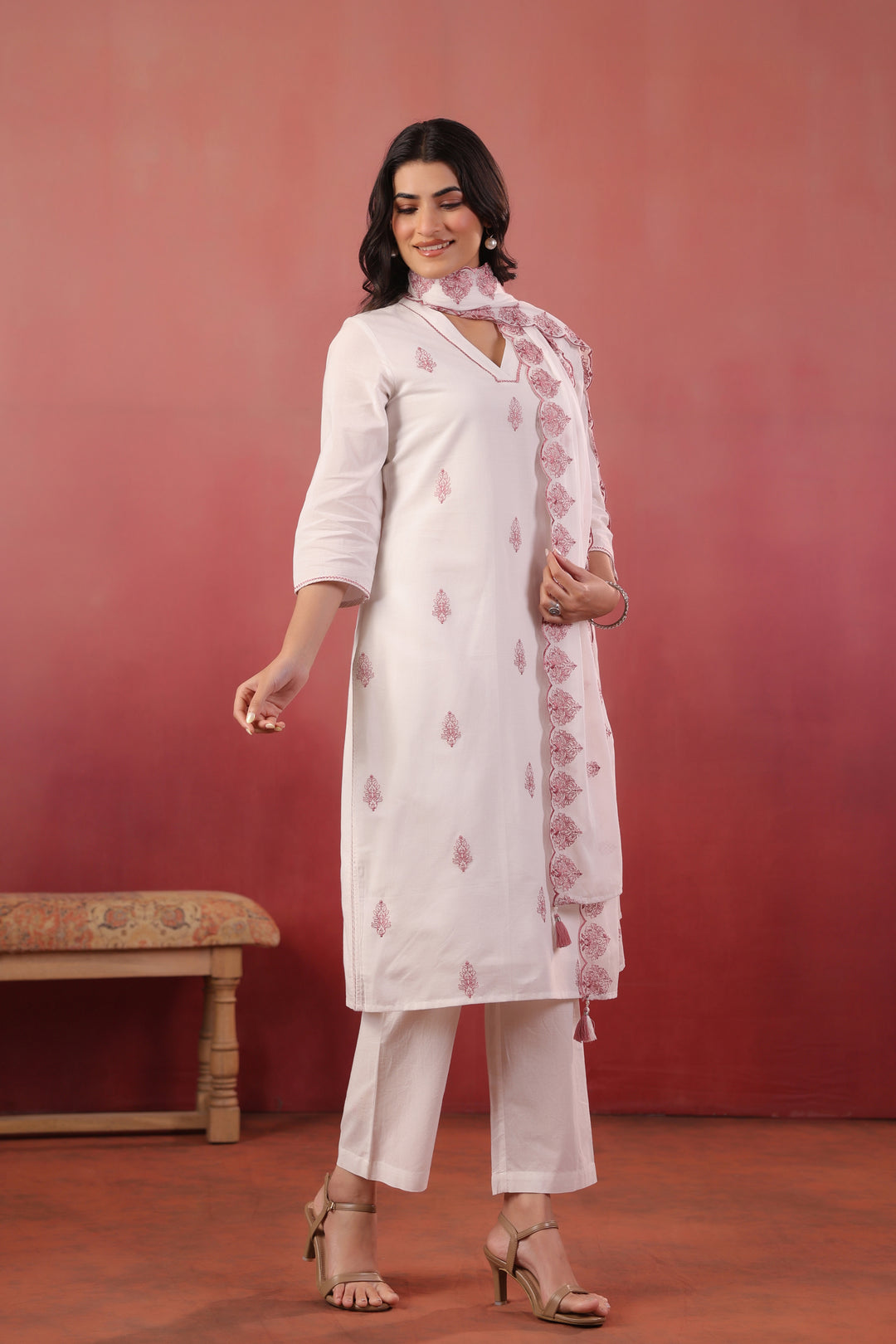 White And Purple Cotton Embroidered Kurta Pant With Dupatta Set