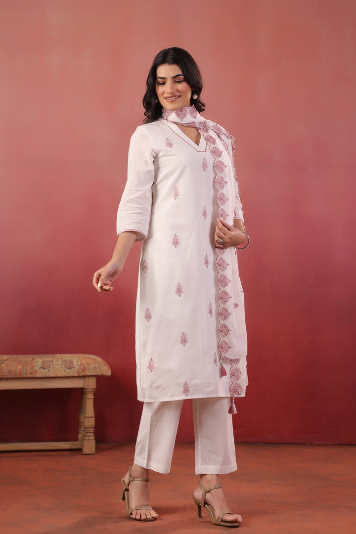 White And Purple Cotton Embroidered Kurta Pant With Dupatta Set
