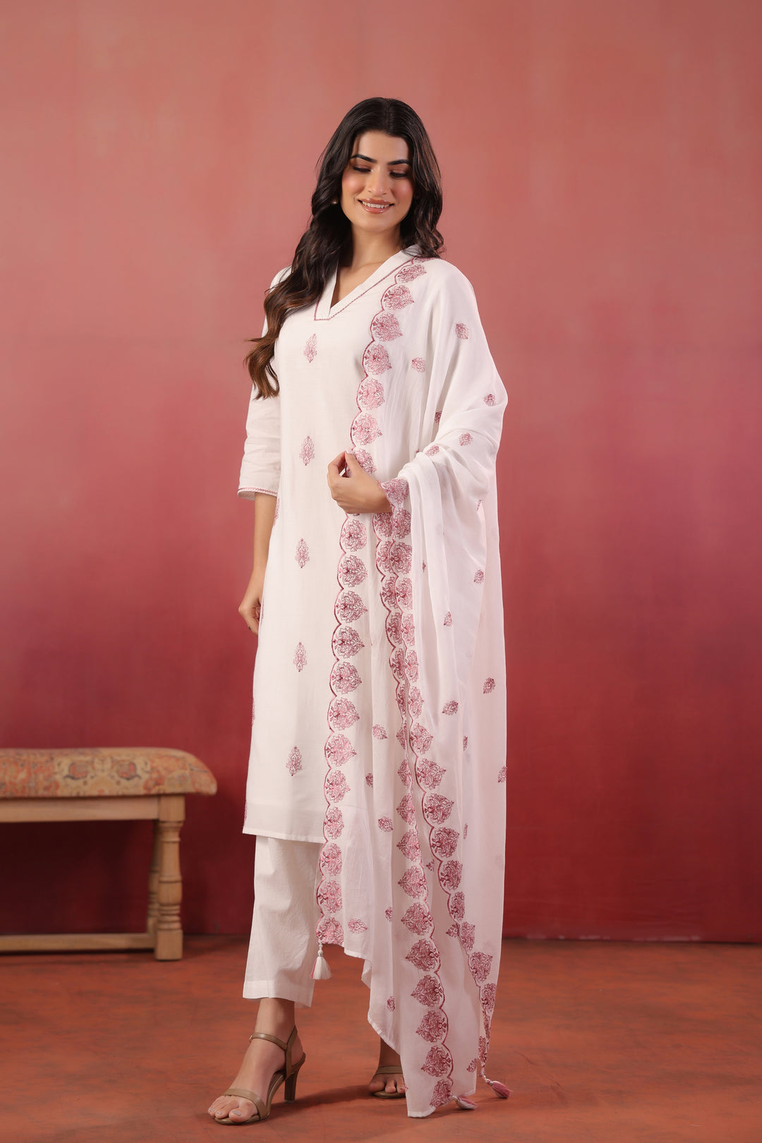 White And Purple Cotton Embroidered Kurta Pant With Dupatta Set
