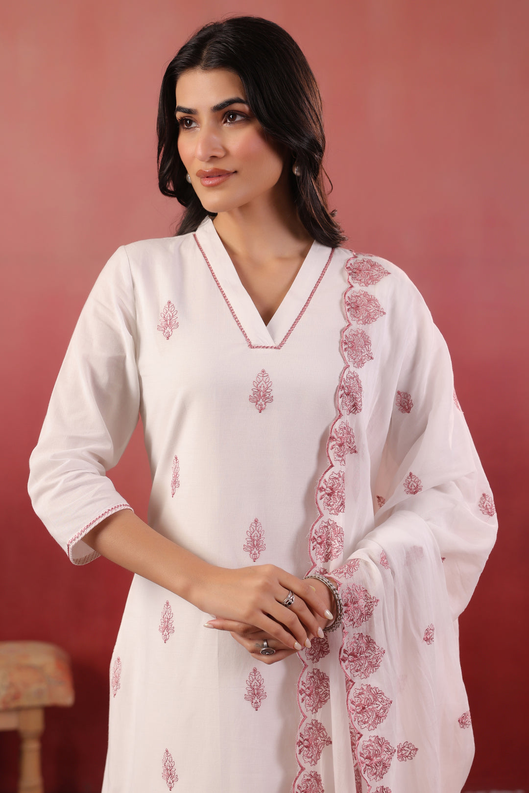 White And Purple Cotton Embroidered Kurta Pant With Dupatta Set