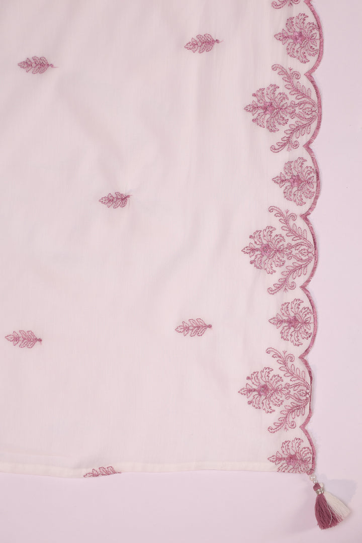 White And Purple Cotton Embroidered Kurta Pant With Dupatta Set
