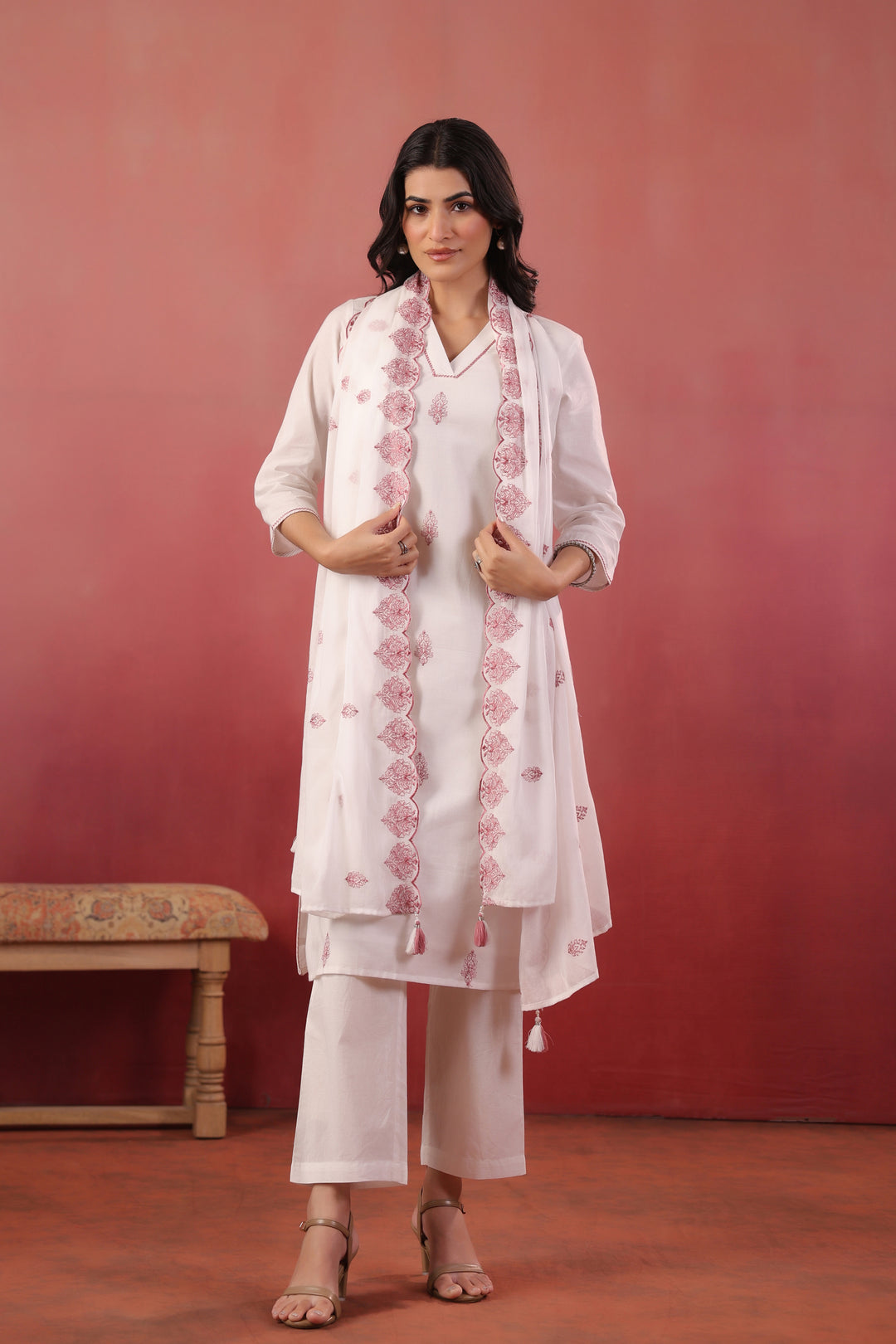White And Purple Cotton Embroidered Kurta Pant With Dupatta Set