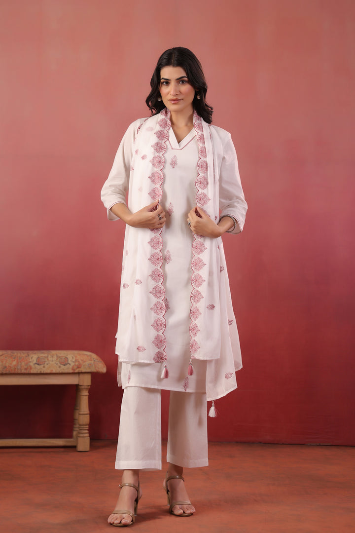 White And Purple Cotton Embroidered Kurta Pant With Dupatta Set