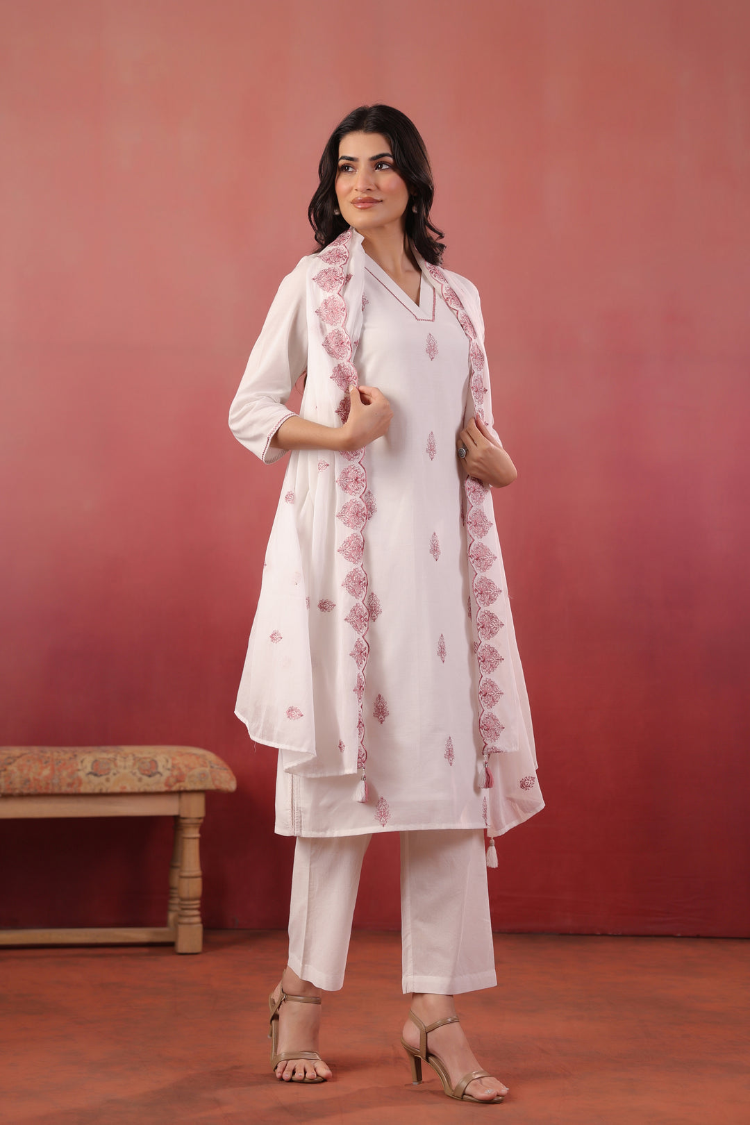 White And Purple Cotton Embroidered Kurta Pant With Dupatta Set