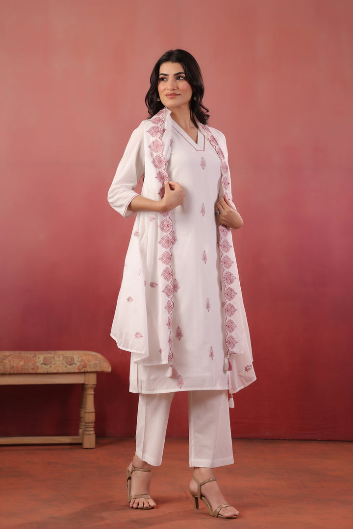 White And Purple Cotton Embroidered Kurta Pant With Dupatta Set