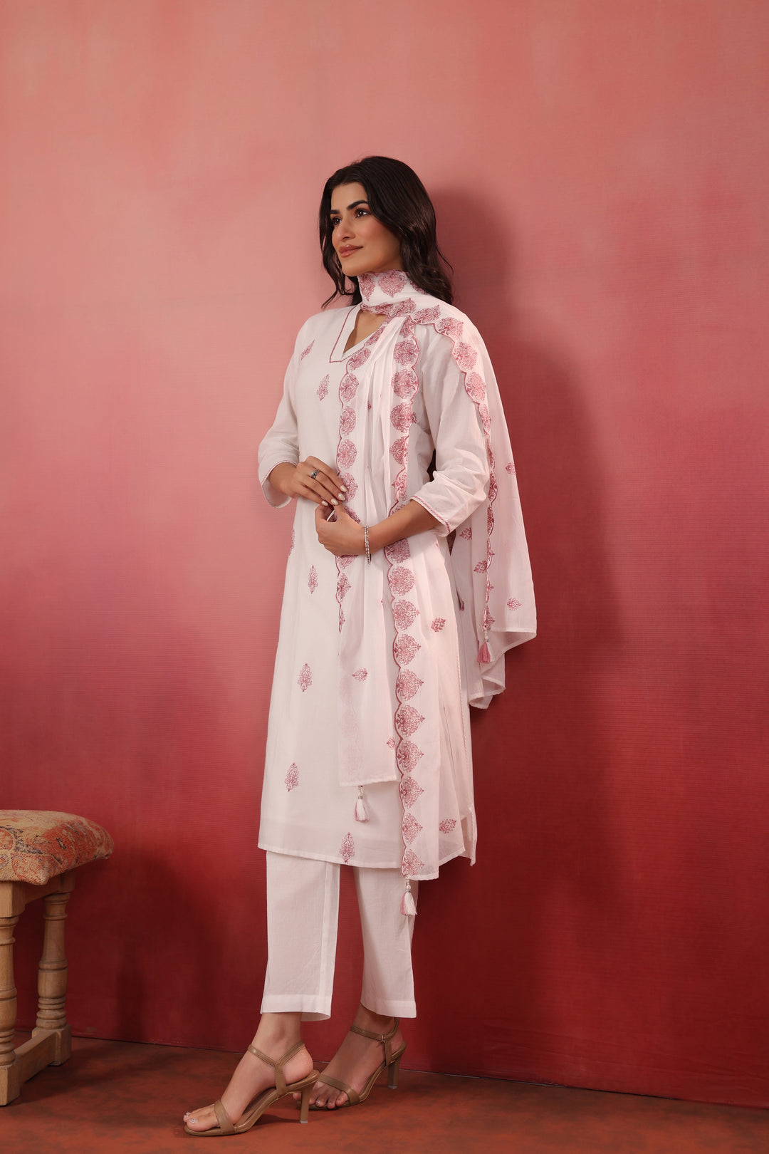 White And Purple Cotton Embroidered Kurta Pant With Dupatta Set