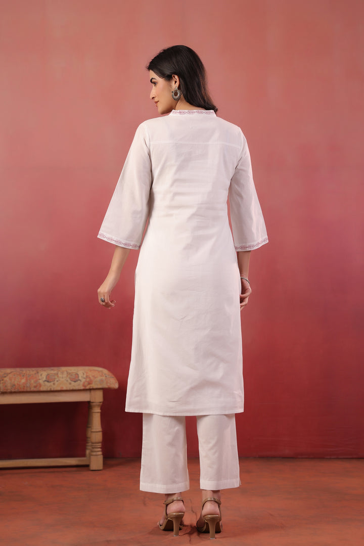 White And Purple Embroidered Kurta Pant With Dupatta Set