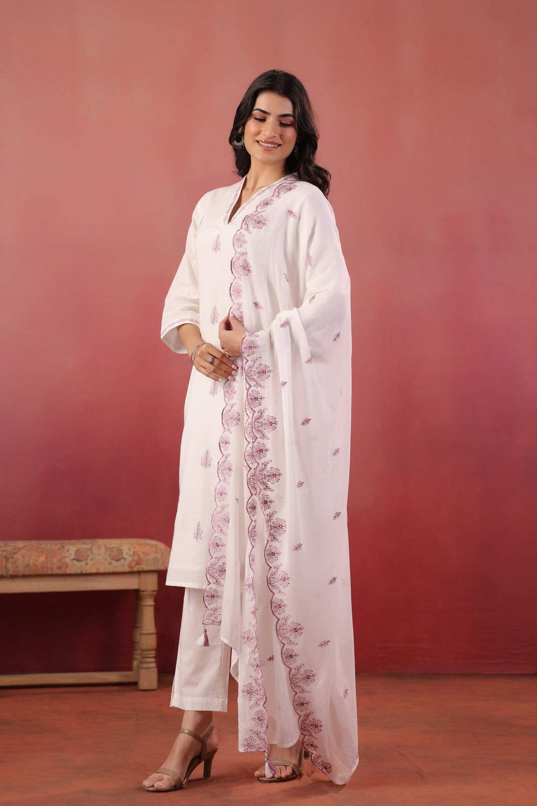 White And Purple Embroidered Kurta Pant With Dupatta Set