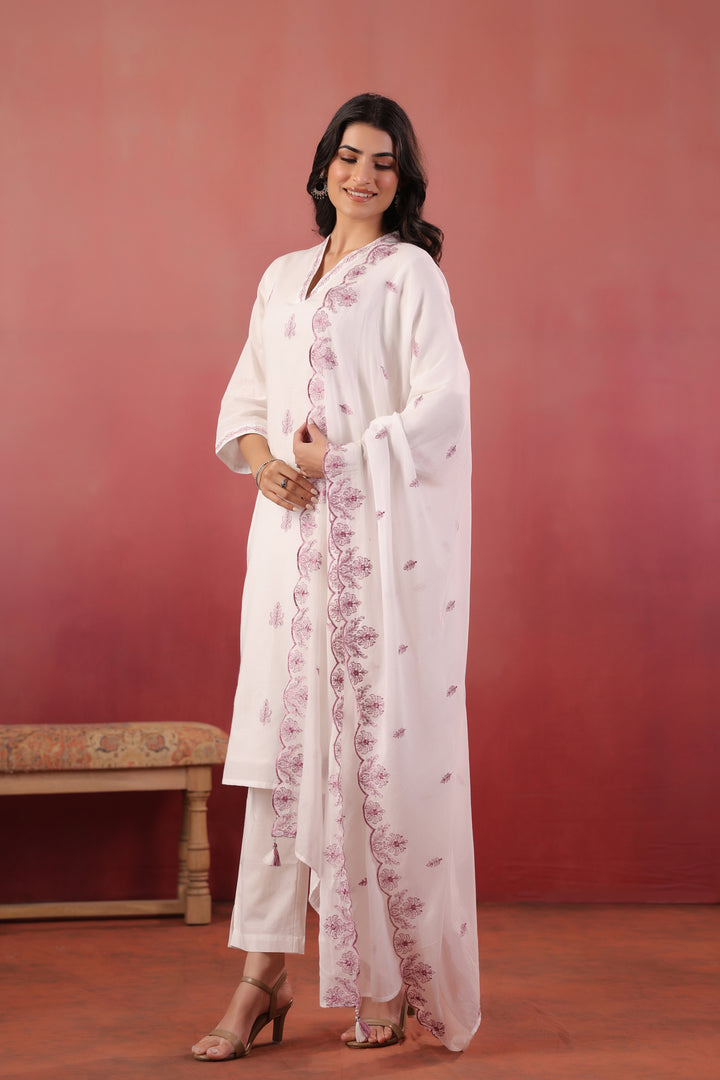 White And Purple Embroidered Kurta Pant With Dupatta Set