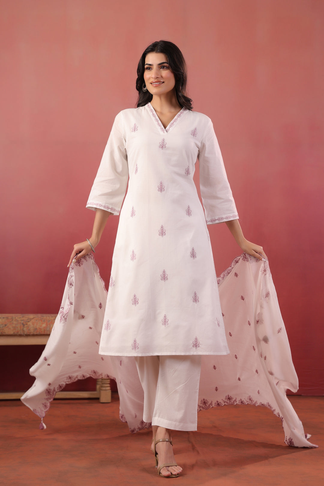 White And Purple Embroidered Kurta Pant With Dupatta Set
