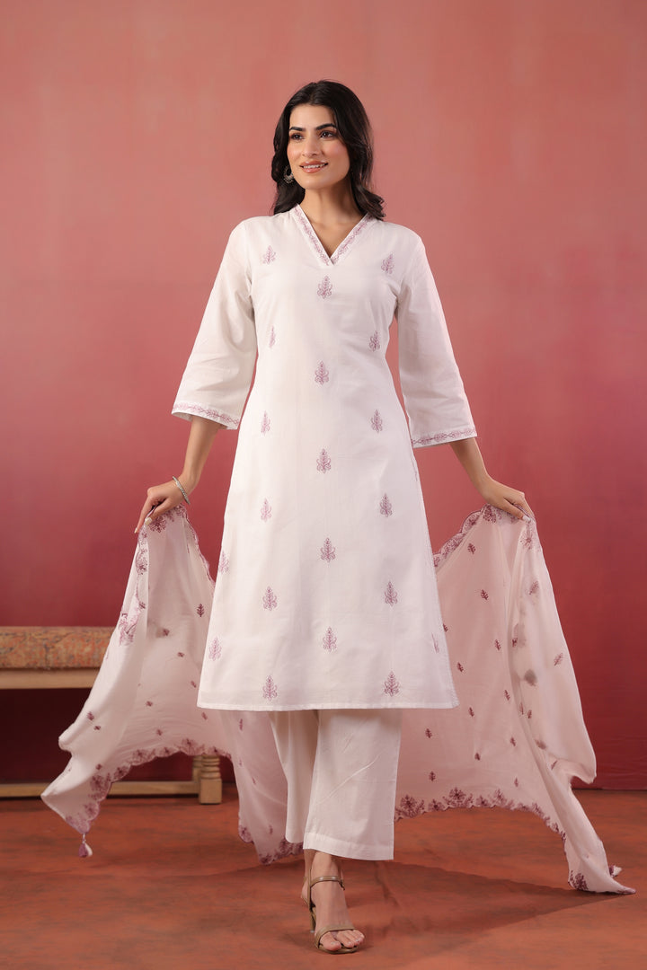White And Purple Embroidered Kurta Pant With Dupatta Set