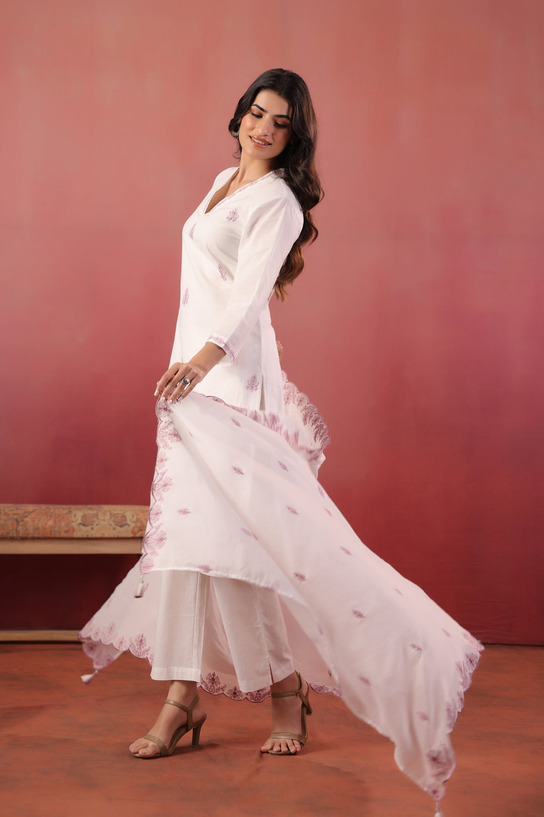 White And Purple Embroidered Kurta Pant With Dupatta Set