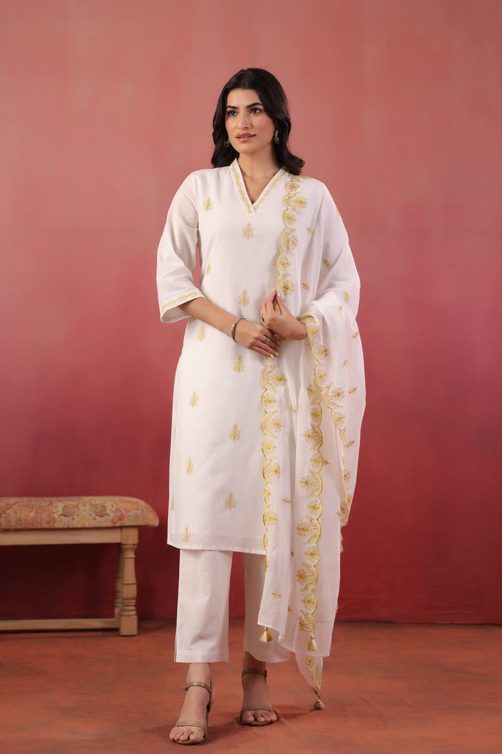 White And Yellow Embroidered Kurta Pant With Dupatta Set