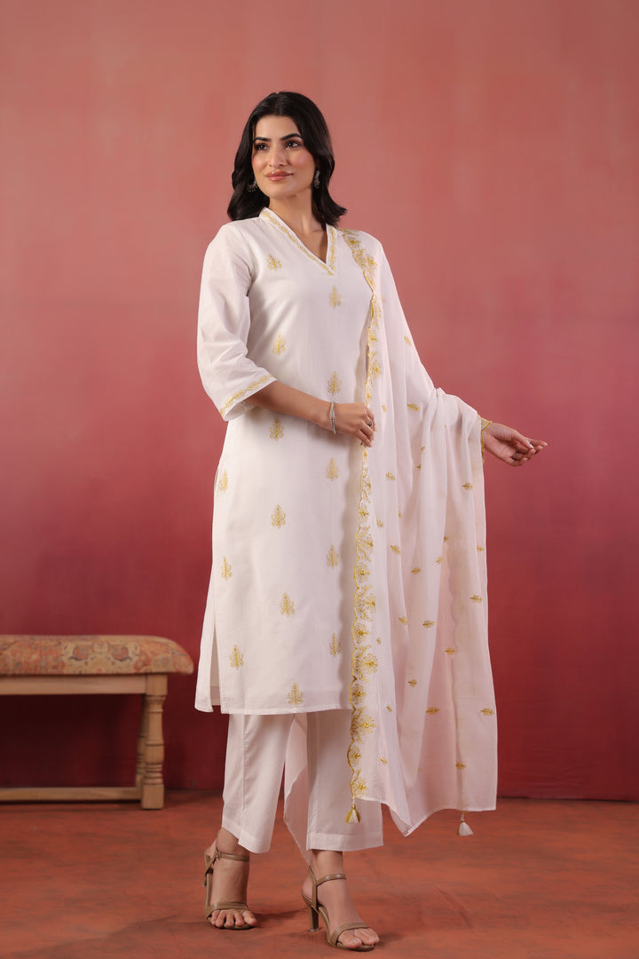 White And Yellow Embroidered Kurta Pant With Dupatta Set