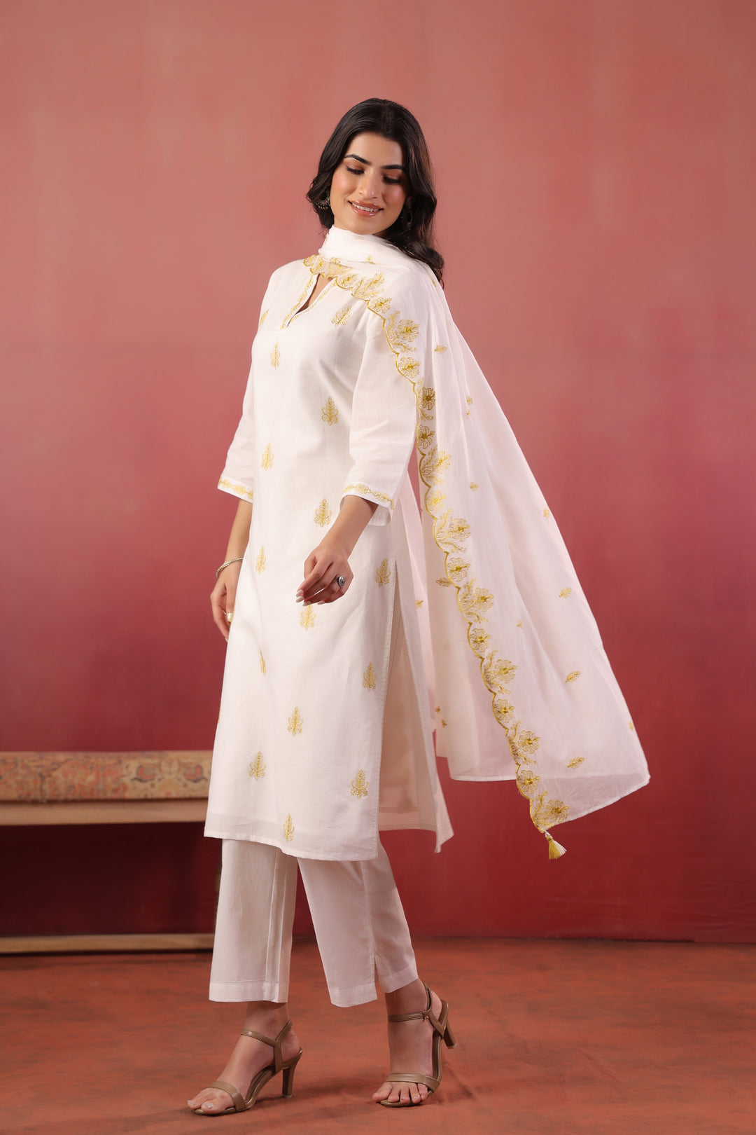 White And Yellow Embroidered Kurta Pant With Dupatta Set