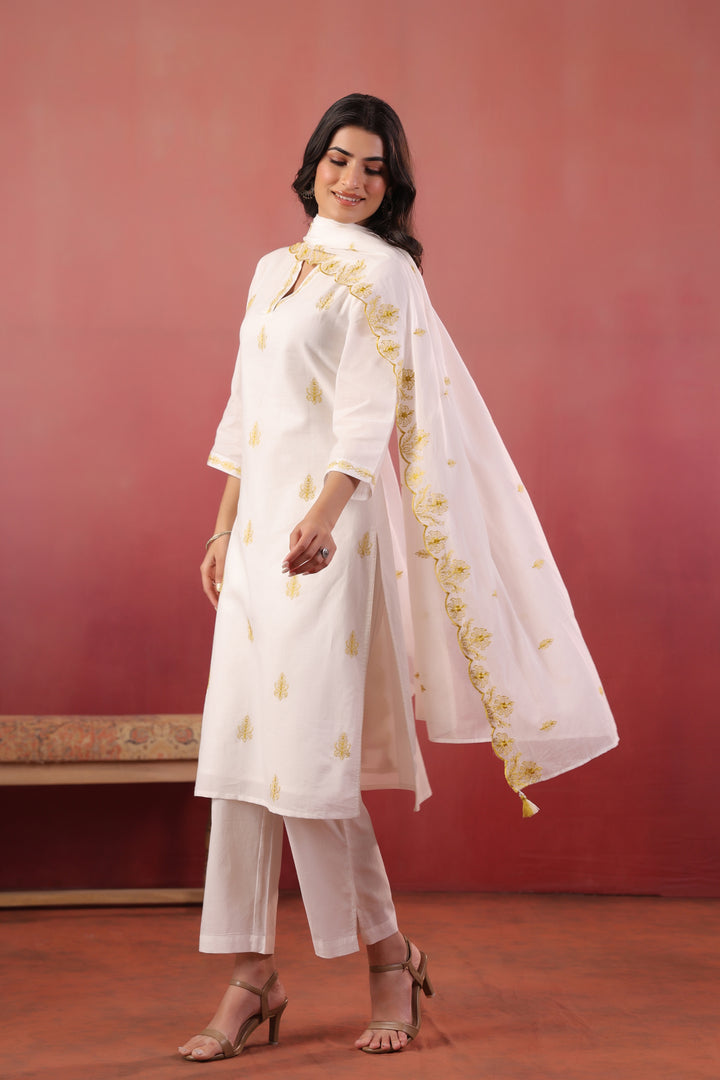 White And Yellow Embroidered Kurta Pant With Dupatta Set