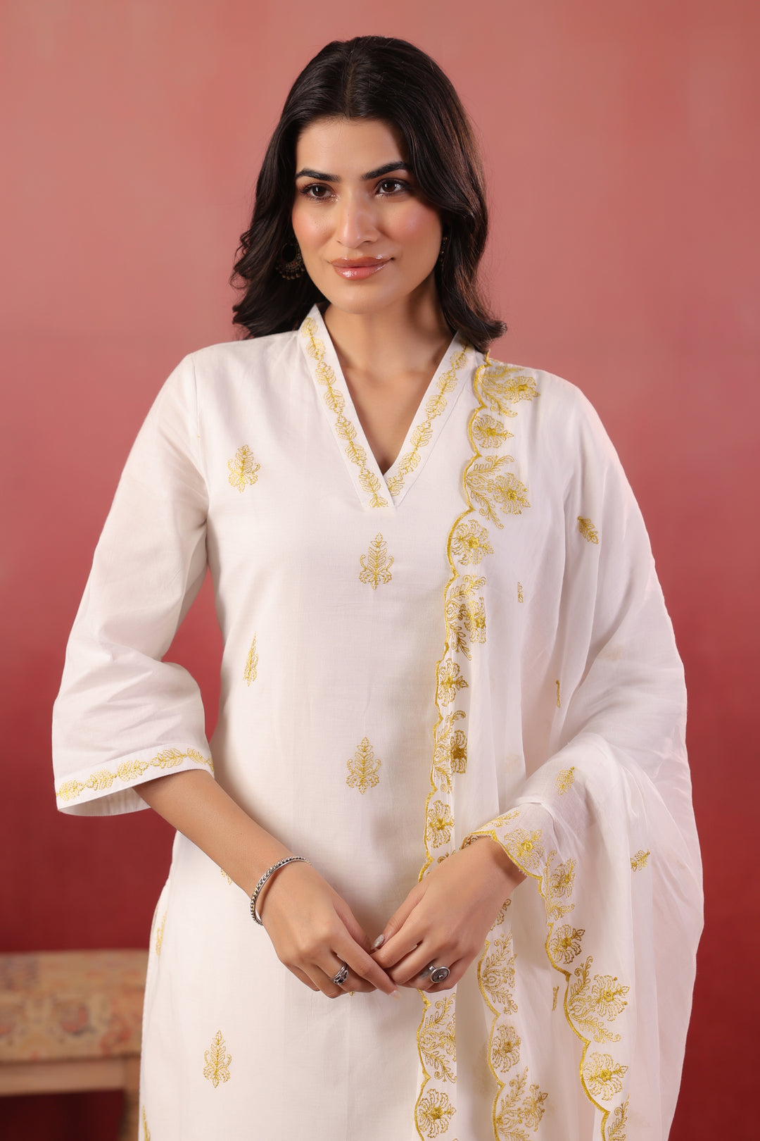 White And Yellow Embroidered Kurta Pant With Dupatta Set