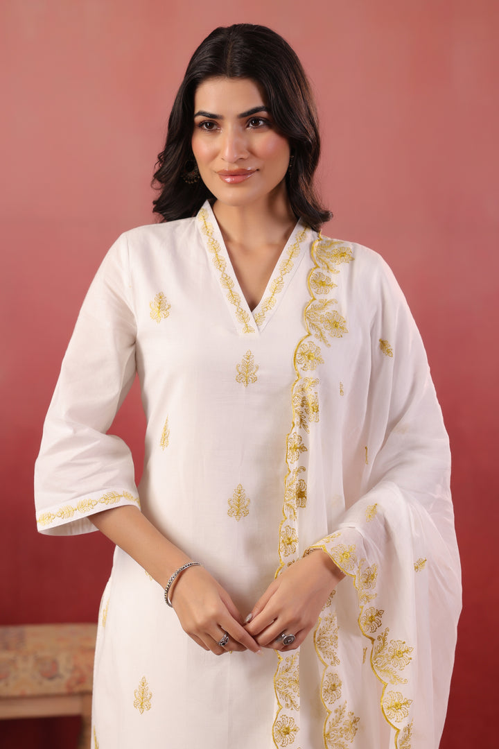 White And Yellow Embroidered Kurta Pant With Dupatta Set