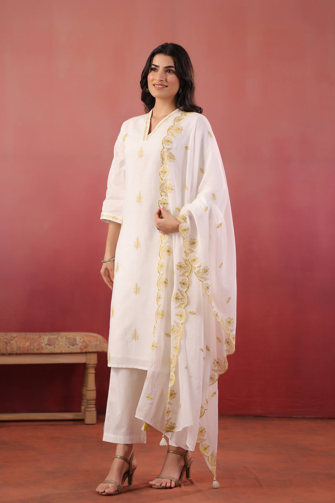 White And Yellow Embroidered Kurta Pant With Dupatta Set