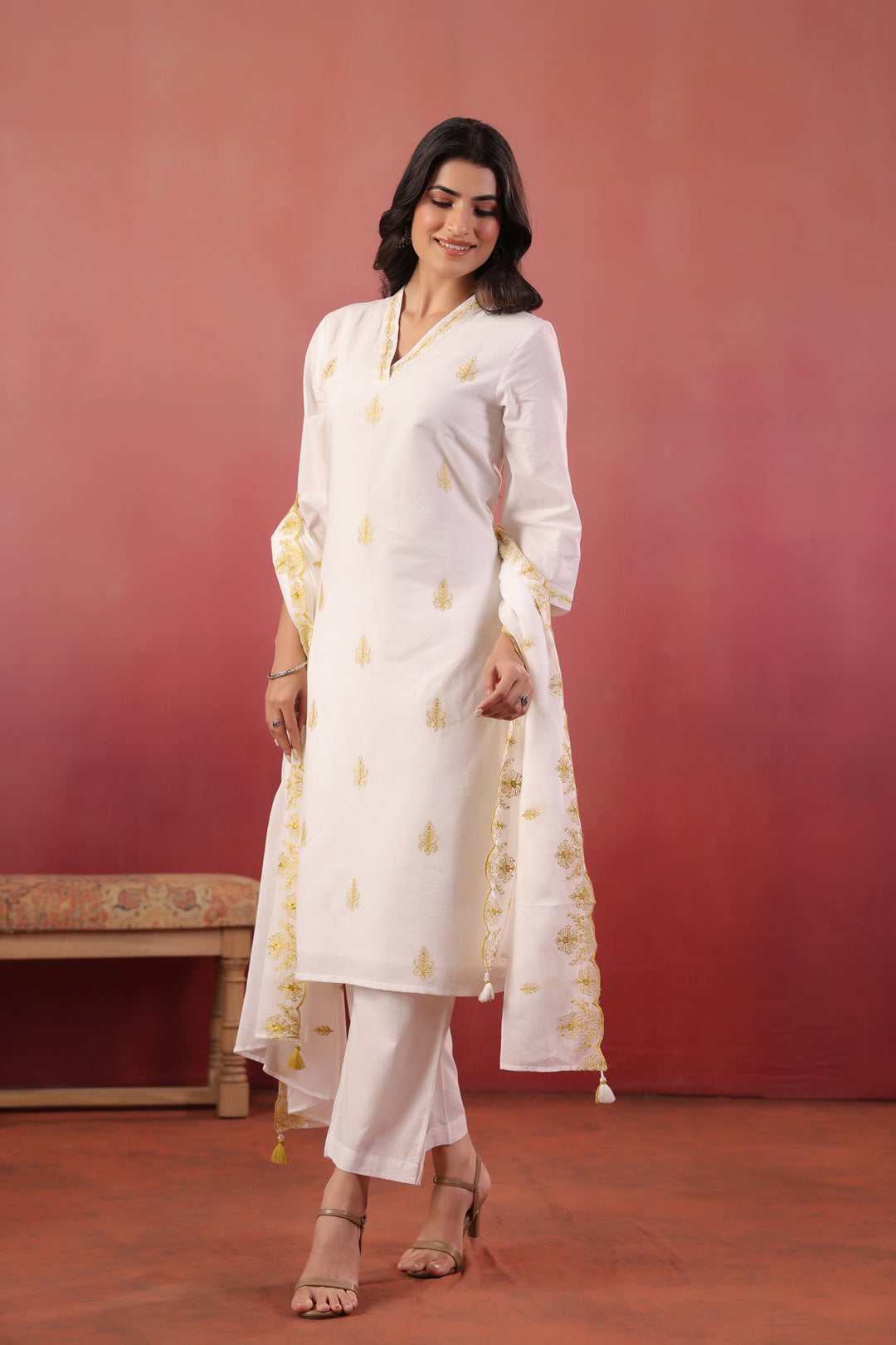 White And Yellow Embroidered Kurta Pant With Dupatta Set