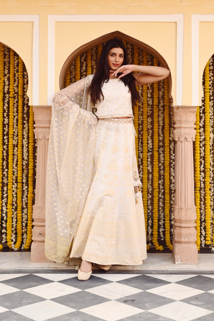 White Printed Embellished Festive Lehenga Choli With Dupatta