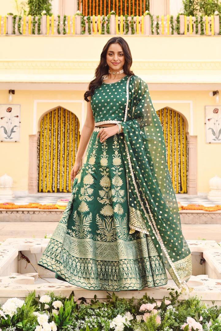 Green Printed Embellished Festive Lehenga Choli With Dupatta