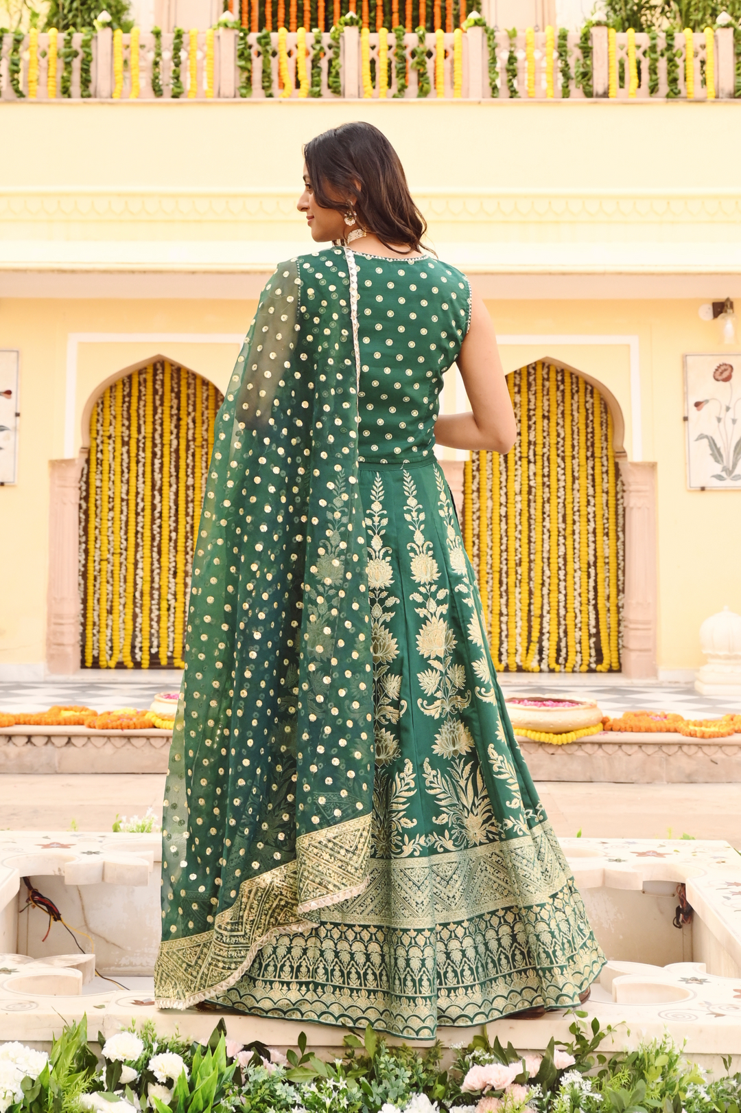 Green Printed Embellished Festive Lehenga Choli With Dupatta