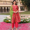 Chanderi Red Embroidered A-Line Festive Suit Set With Dupatta