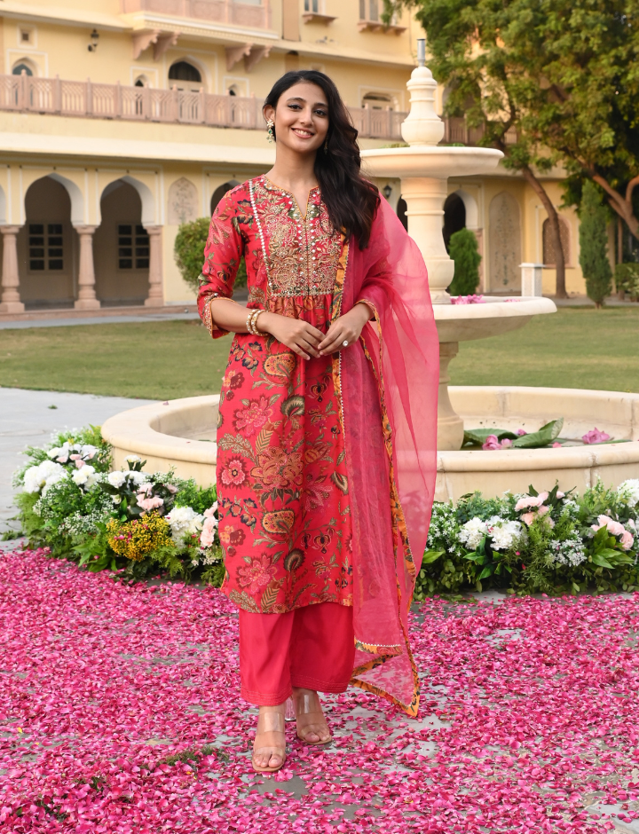 Coral Red  Embroidered Chanderi Festive Suit Set With Dupatta