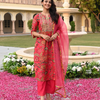Coral Red  Embroidered Chanderi Festive Suit Set With Dupatta
