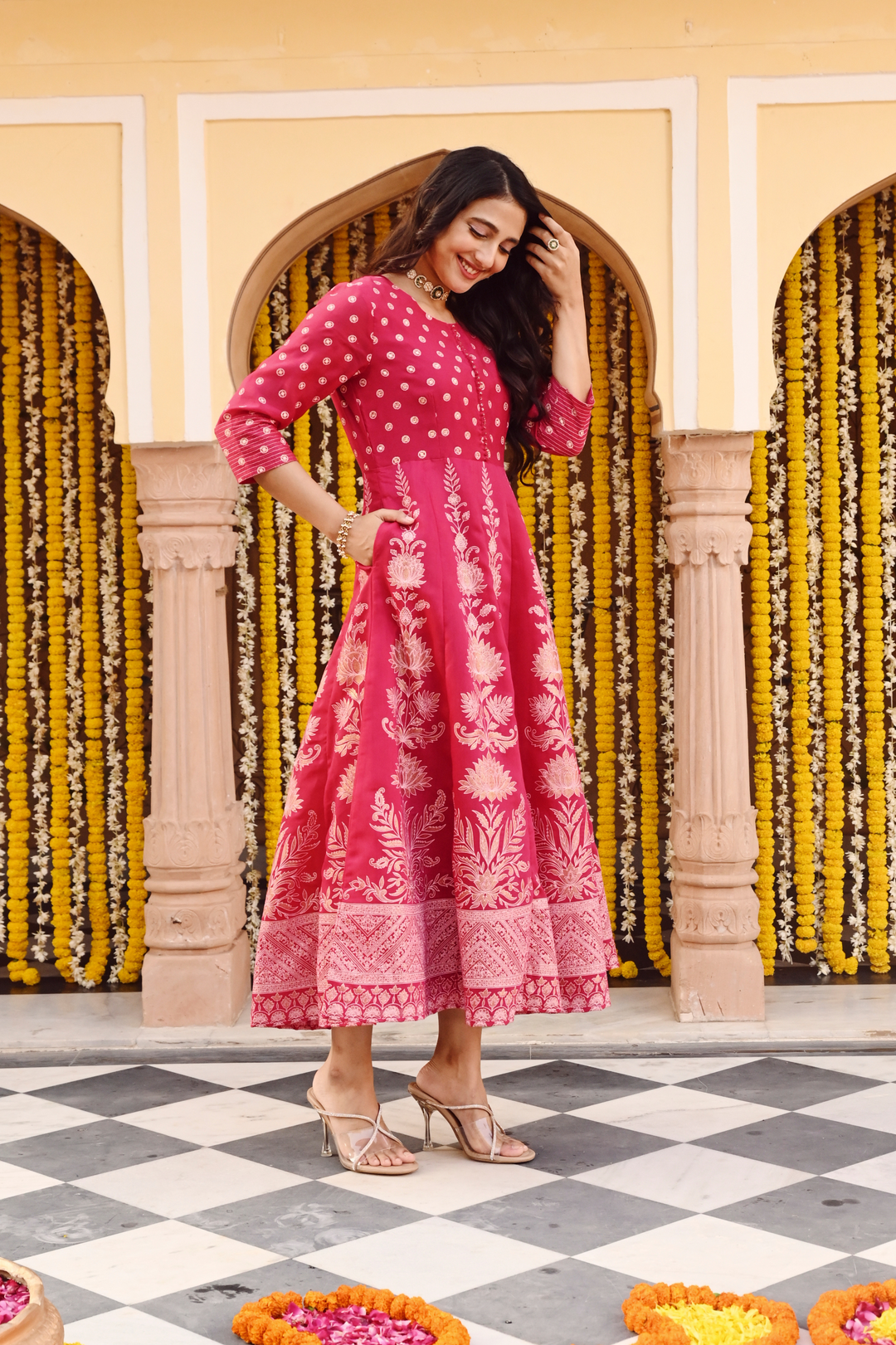 Pink Printed Flared Designer Anarkali Festive Dress