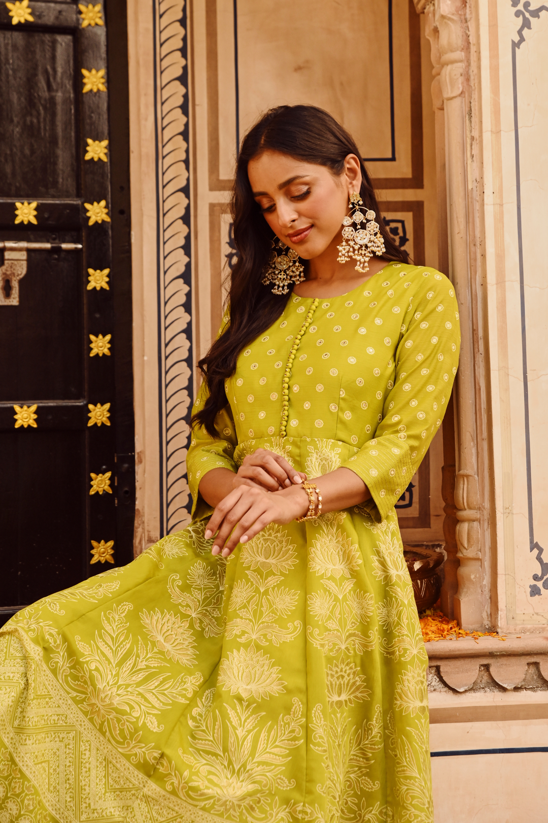 Green Printed Flared Designer Anarkali Festive Dress