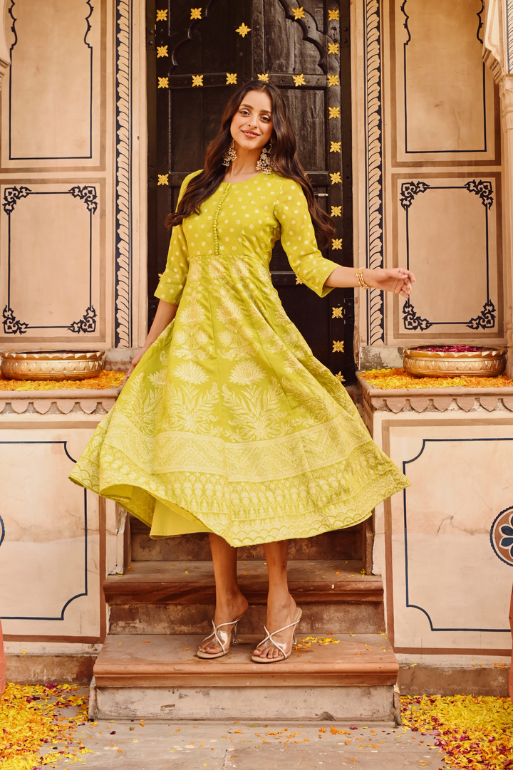 Green Printed Flared Designer Anarkali Festive Dress