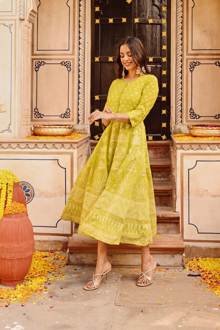 Green Printed Flared Designer Anarkali Festive Dress