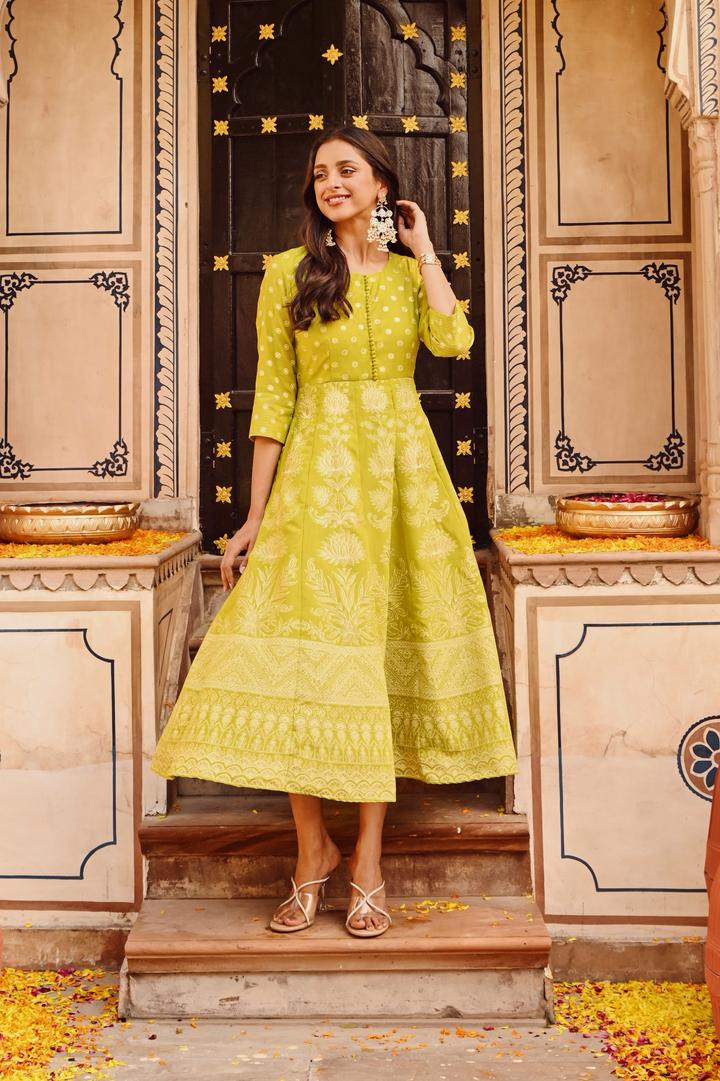 Green Printed Flared Designer Anarkali Festive Dress