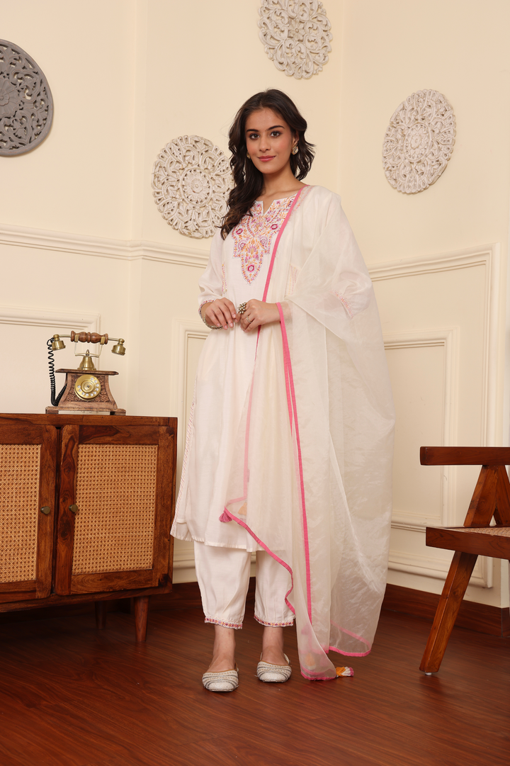 Off White Embroidered Suit Set With Dupatta