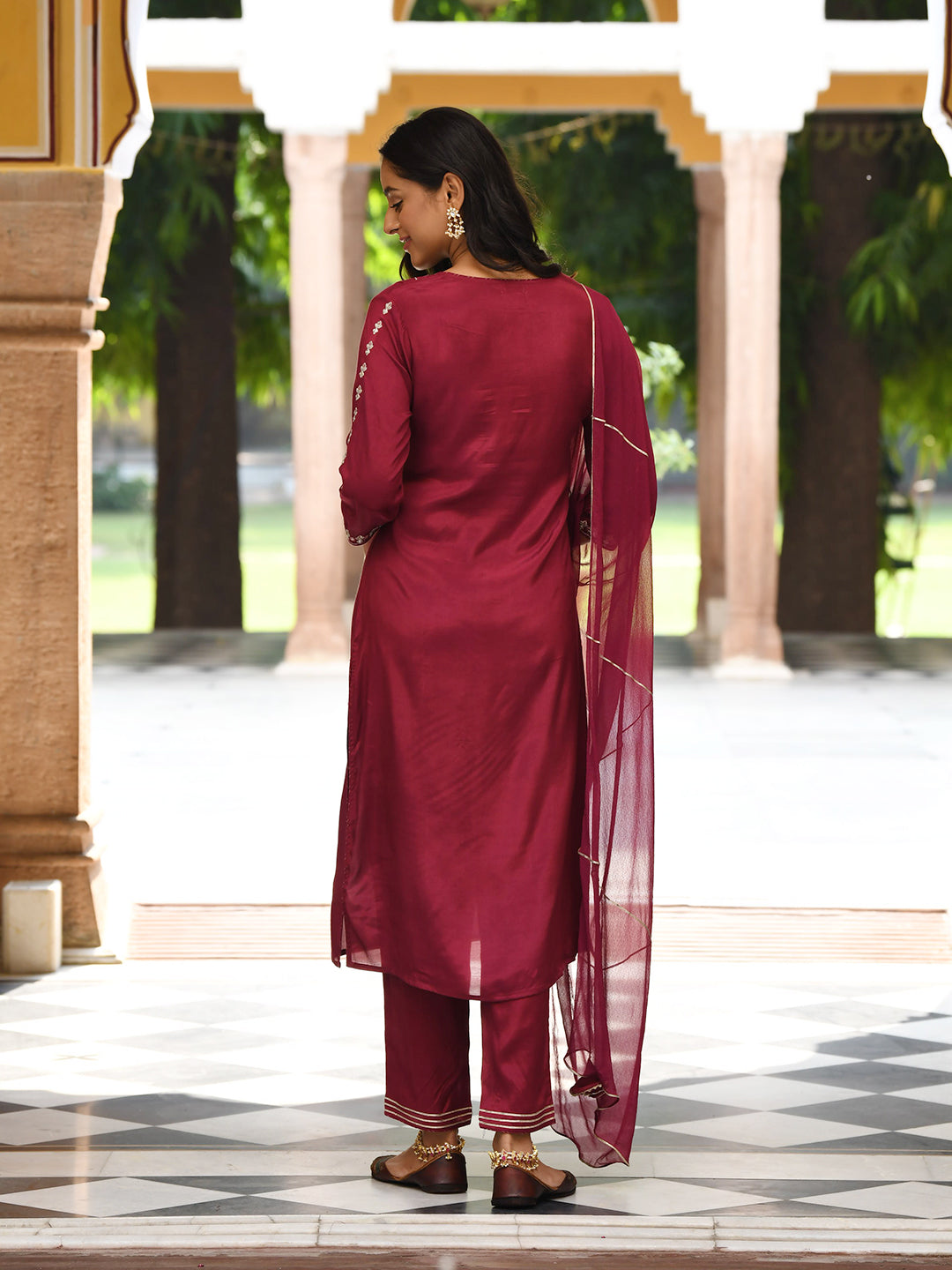 Wine Embroidered Kurta Pant  Set With Dupatta